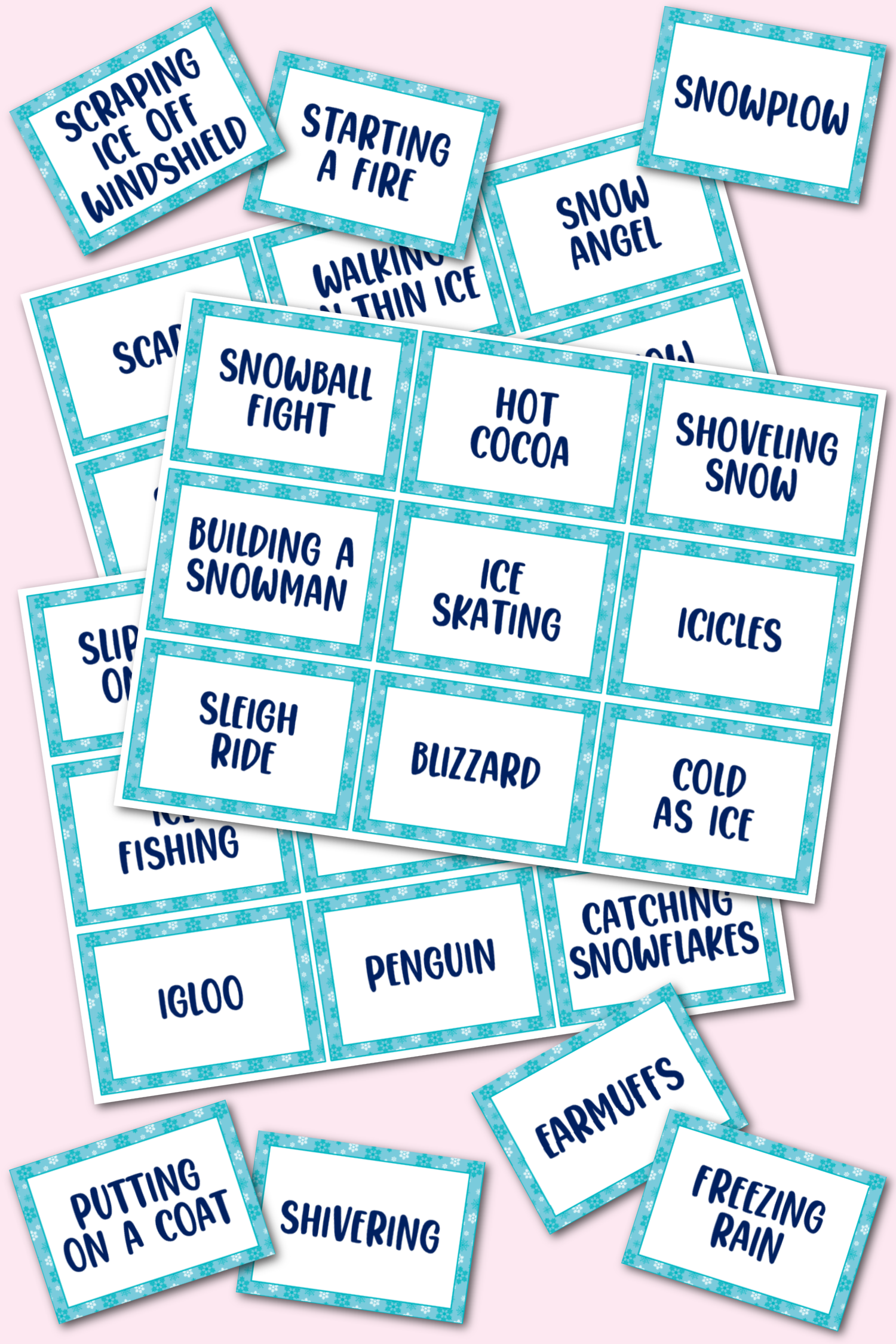 winter game cards for charades, pictionary & more! - kara creates